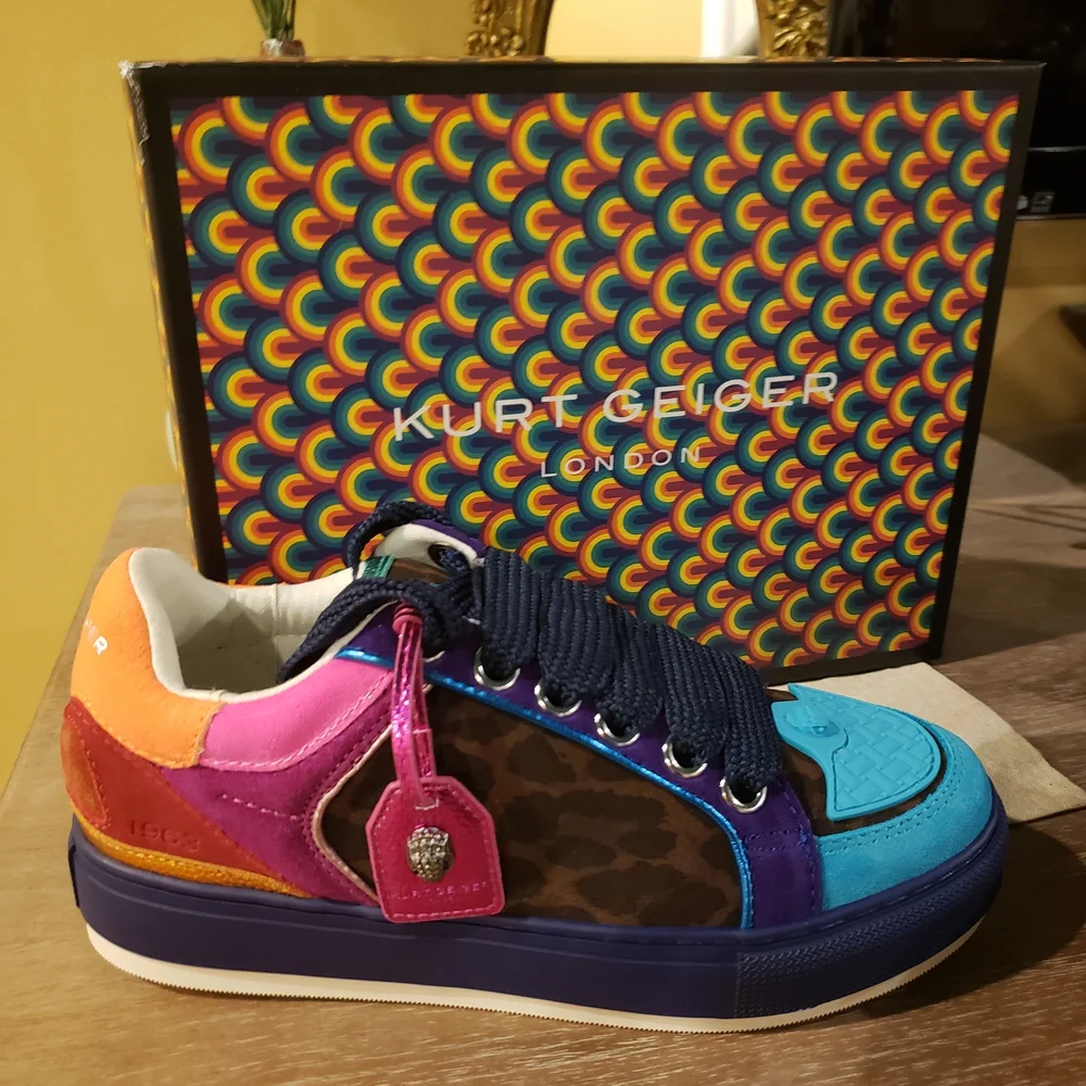 Last One! Kurt Geiger Multicolor Southbank Tag Leopard Low-Top Sneakers w/ Eagle - Picture 10 of 13